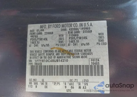 1999 Ford Ranger Xl/Xlt из США, поврежденный, VIN 1FTYR10C4XUB14210